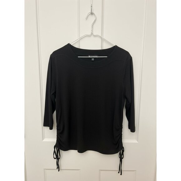 N Touch Petite Medium Black 3/4 Sleeve Top w/ Side Scrunch Tie Detail - Picture 1 of 3